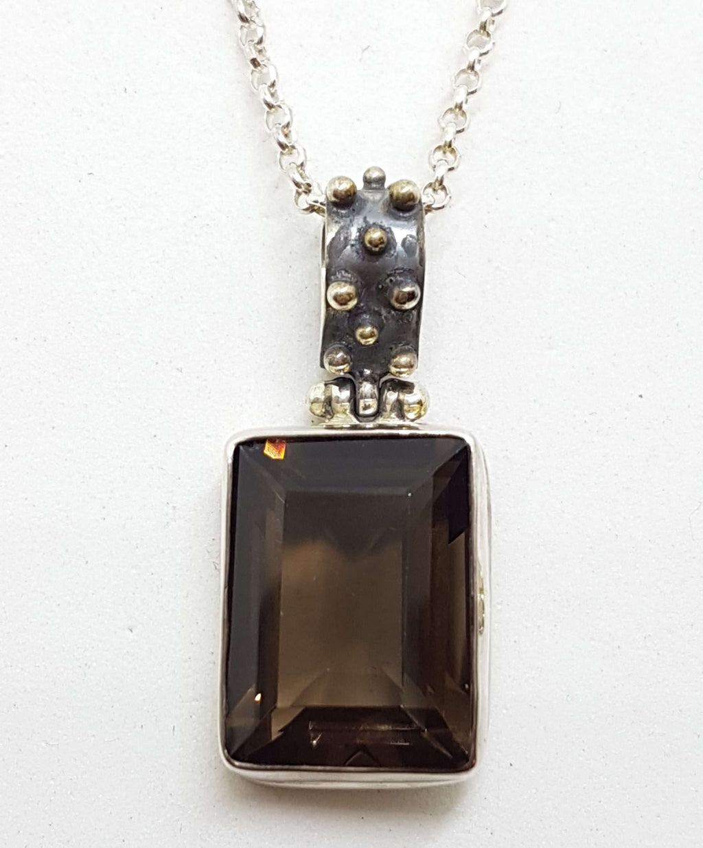 Sterling Silver Rectangular Smokey Quartz Ball Design Pendant on Silver Chain