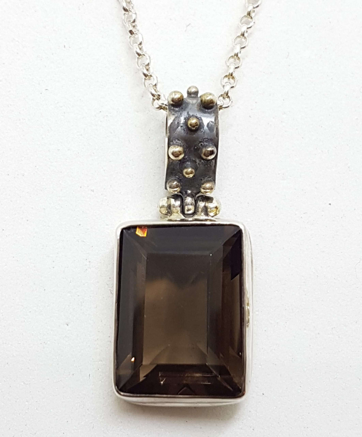 Sterling Silver Rectangular Smokey Quartz Ball Design Pendant on Silver Chain
