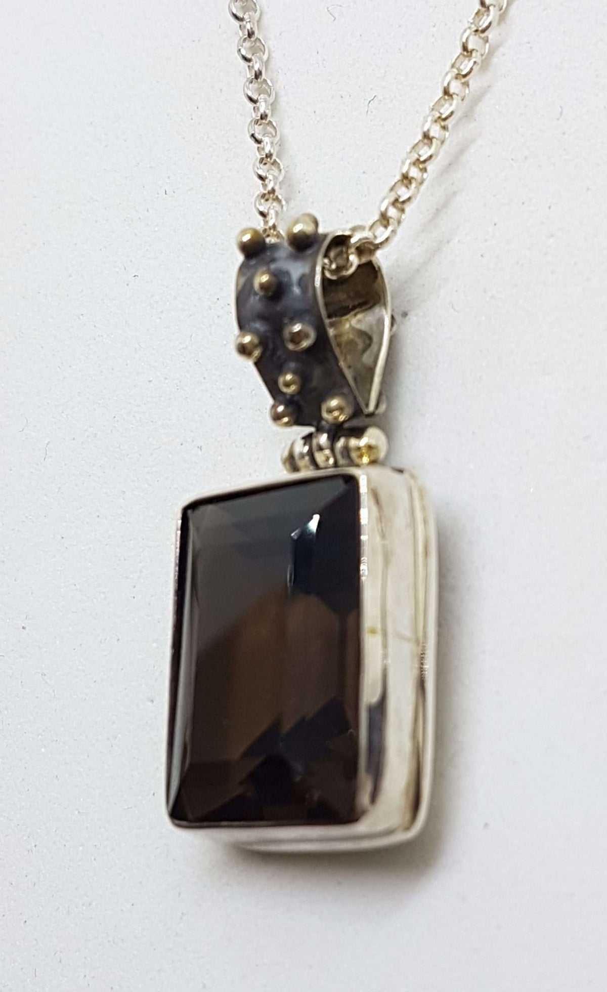 Sterling Silver Rectangular Smokey Quartz Ball Design Pendant on Silver Chain