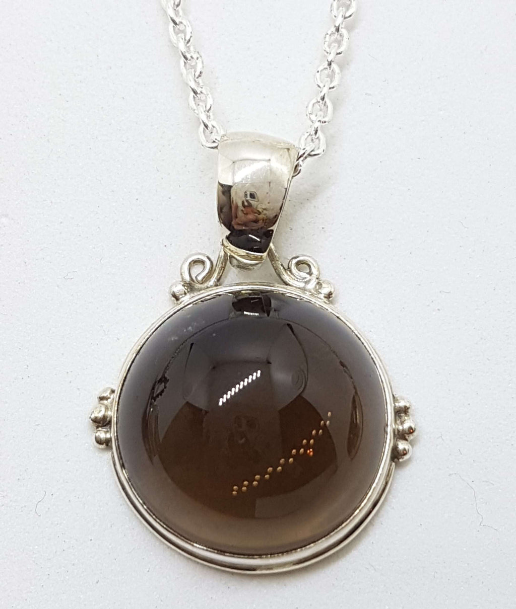 Sterling Silver Round Ornate Bezel Set Cabochon Cut Smokey Quartz Pendant on Silver Chain