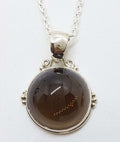 Sterling Silver Round Ornate Bezel Set Cabochon Cut Smokey Quartz Pendant on Silver Chain