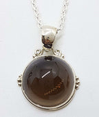 Sterling Silver Round Ornate Bezel Set Cabochon Cut Smokey Quartz Pendant on Silver Chain