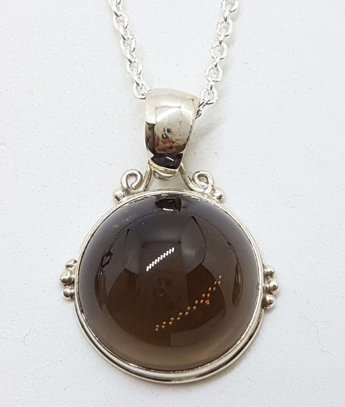 Sterling Silver Round Ornate Bezel Set Cabochon Cut Smokey Quartz Pendant on Silver Chain