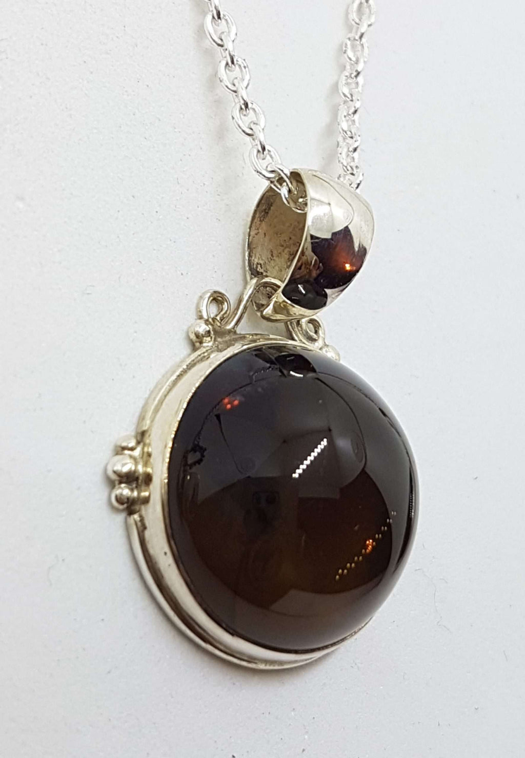 Sterling Silver Round Ornate Bezel Set Cabochon Cut Smokey Quartz Pendant on Silver Chain