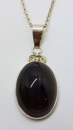 Sterling Silver Oval Ornate Top Bezel Set Cabochon Cut Smokey Quartz Pendant on Silver Chain
