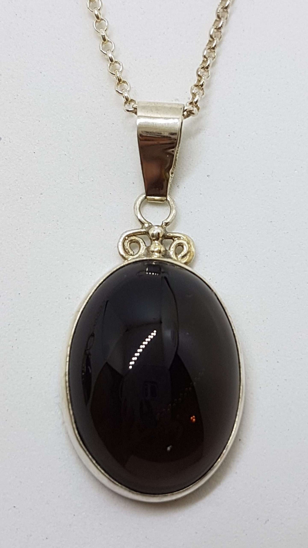 Sterling Silver Oval Ornate Top Bezel Set Cabochon Cut Smokey Quartz Pendant on Silver Chain