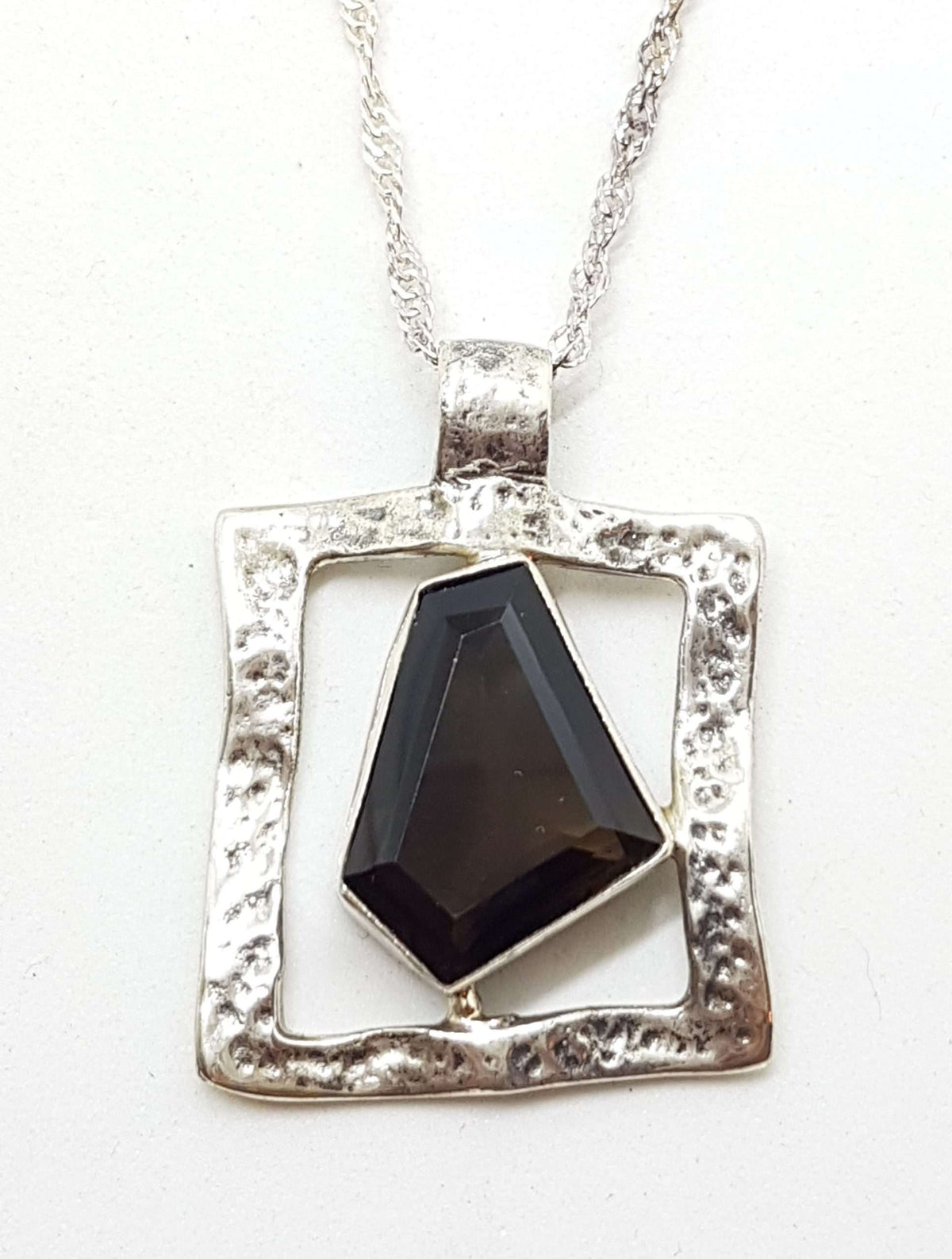 Sterling Silver Unusual Shape Smokey Quartz Set in Beaten Design Square Pendant on Silver Chain