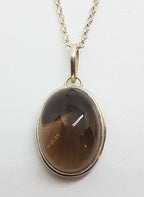 Sterling Silver Oval Bezel Set Cabochon Cut Smokey Quartz Pendant on Silver Chain
