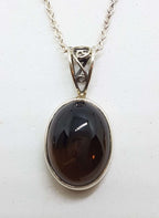 Sterling Silver Oval Ornate Filigree Bezel Set Cabochon Cut Smokey Quartz Pendant on Silver Chain