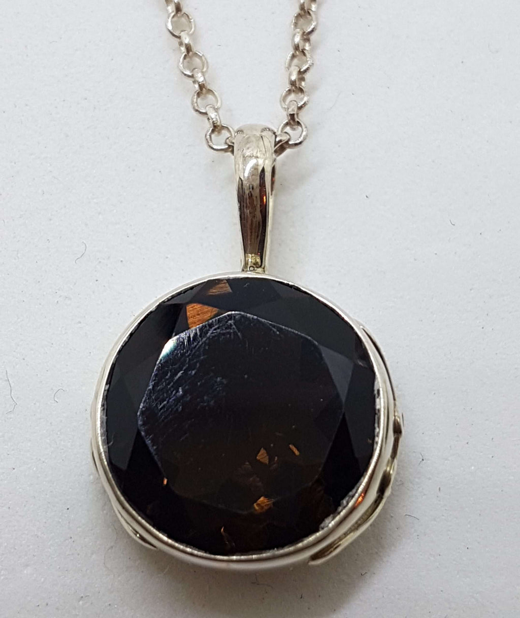 Sterling Silver Round with Ornate Sides Smokey Quartz Pendant on Silver Chain