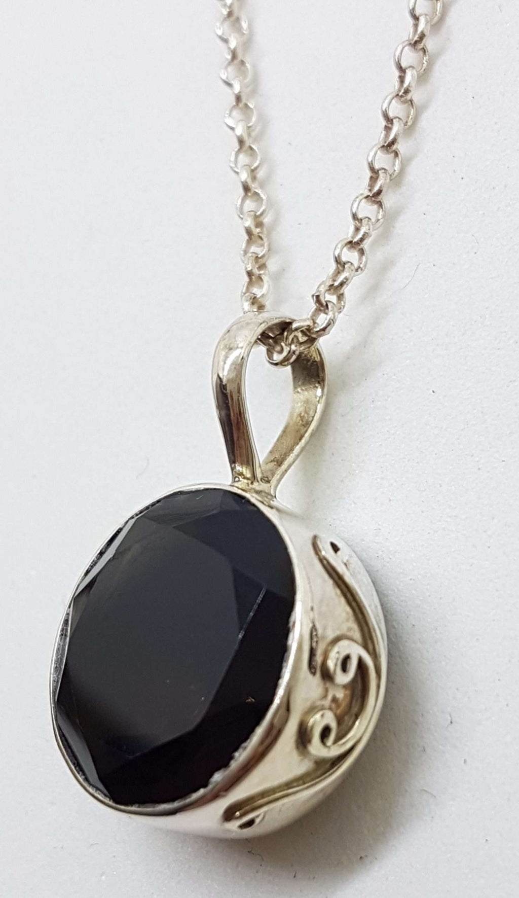 Sterling Silver Round with Ornate Sides Smokey Quartz Pendant on Silver Chain