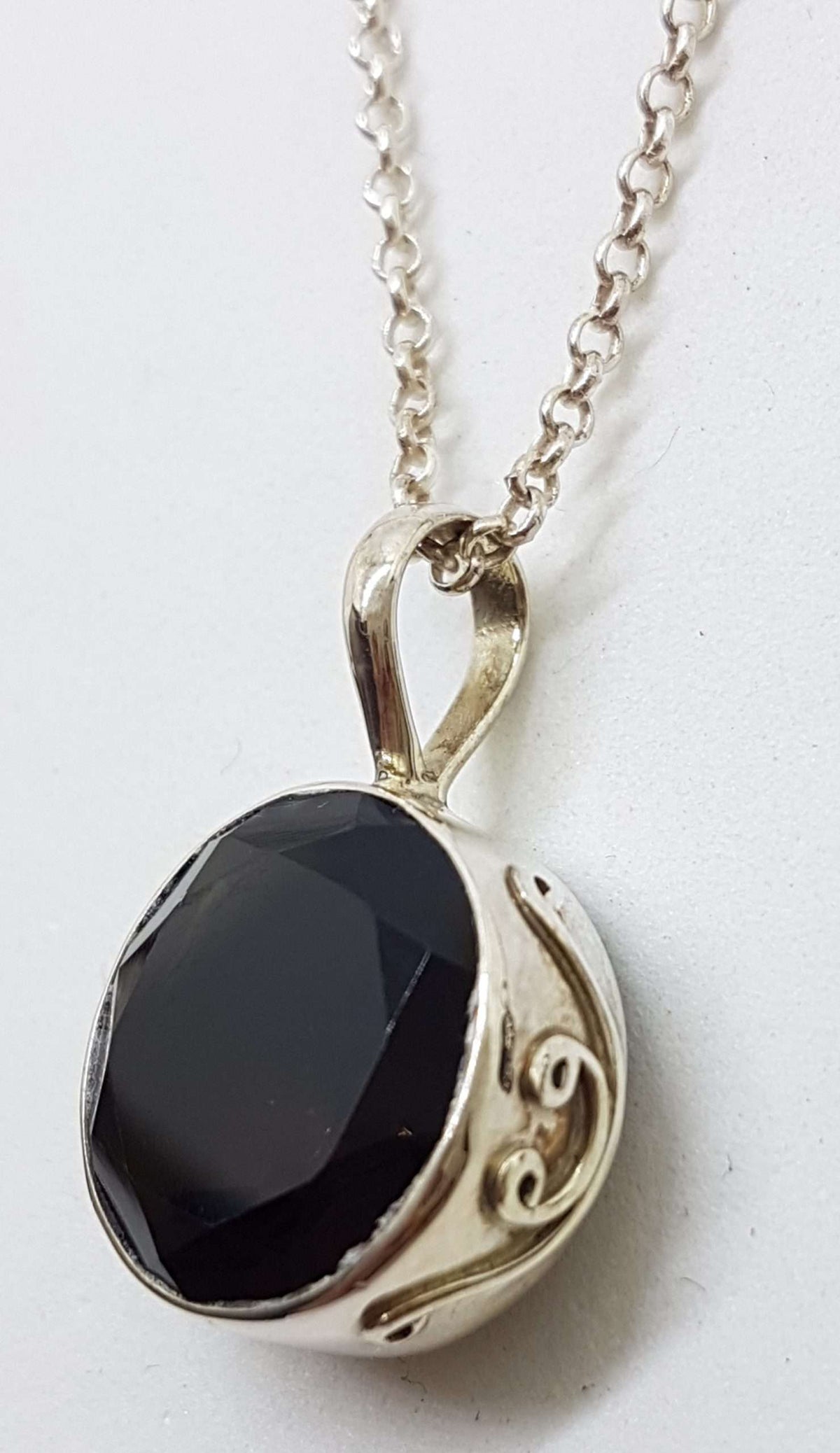 Sterling Silver Round with Ornate Sides Smokey Quartz Pendant on Silver Chain