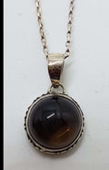 Sterling Silver Round Cabochon Cut with Ornate Sides Smokey Quartz Pendant on Silver Chain
