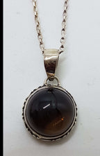Sterling Silver Round Cabochon Cut with Ornate Sides Smokey Quartz Pendant on Silver Chain