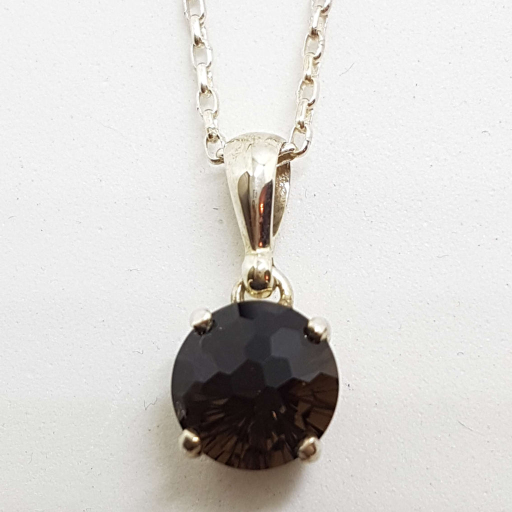 Sterling Silver Round Unusual Faceted Smokey Quartz Pendant on Silver Chain