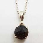 Sterling Silver Round Unusual Faceted Smokey Quartz Pendant on Silver Chain