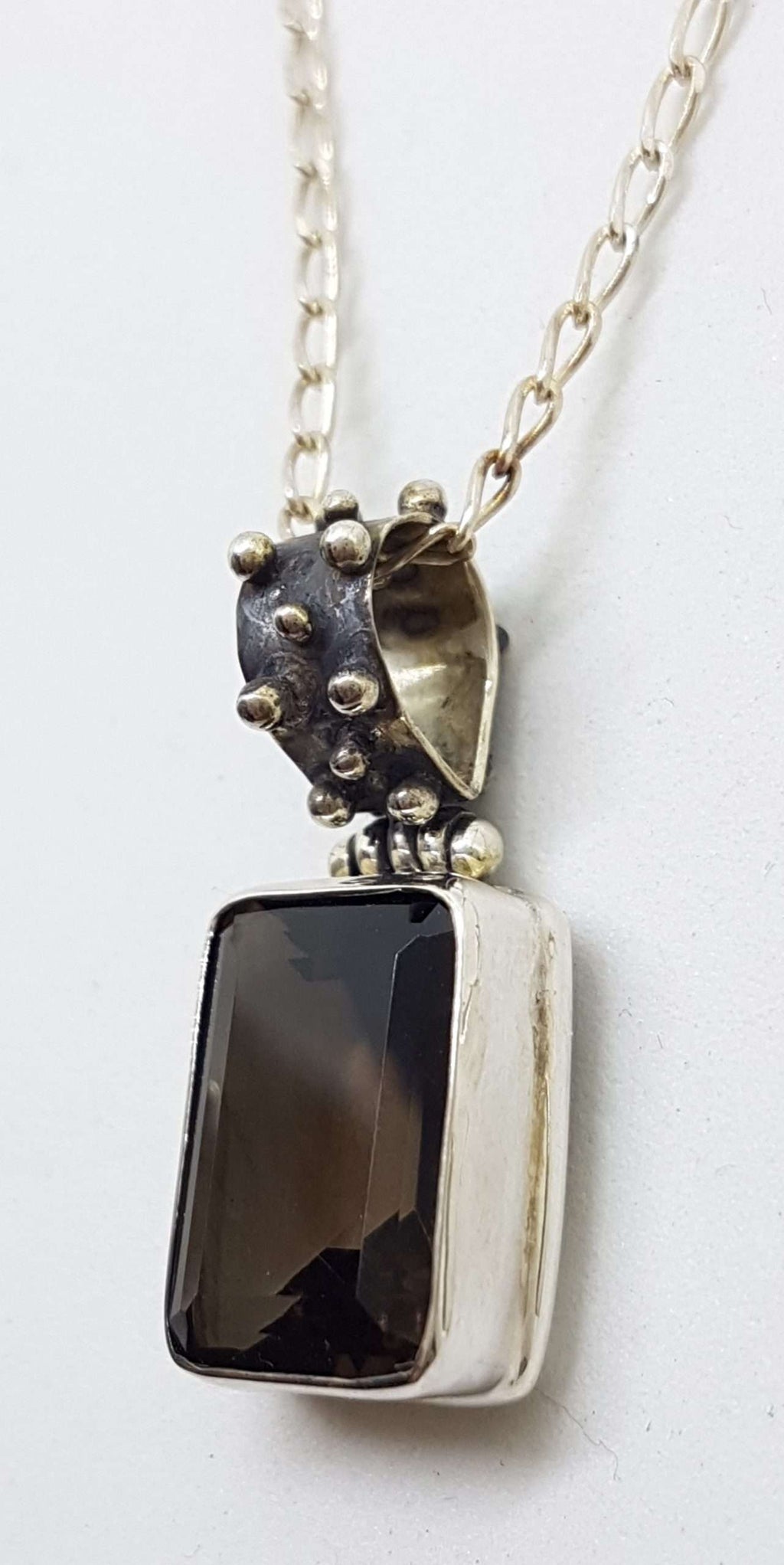 Sterling Silver Rectangular Smokey Quartz Ball Design Pendant on Silver Chain - Large