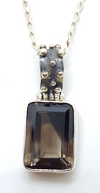 Sterling Silver Rectangular Smokey Quartz Ball Design Pendant on Silver Chain - Large