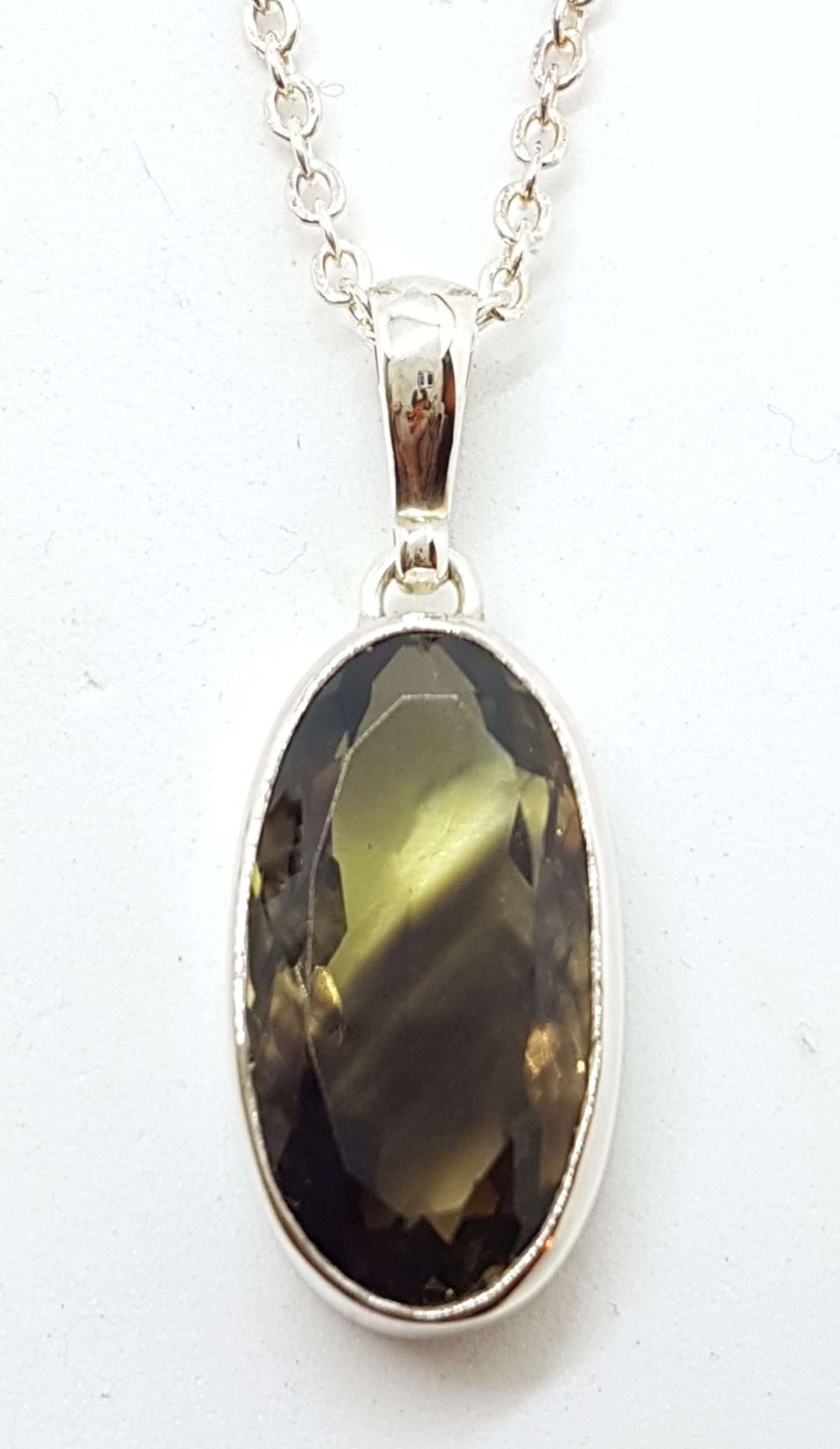Sterling Silver Oval Smokey Quartz Pendant on Silver Chain