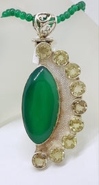 Sterling Silver Very Large and Long Marquis Shape Green Agate with Citrine Pendant on Green Agate Bead Chain / Necklace