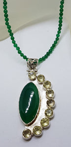 Sterling Silver Very Large and Long Marquis Shape Green Agate with Citrine Pendant on Green Agate Bead Chain / Necklace