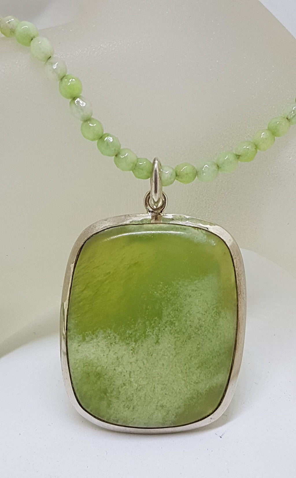 Sterling Silver Large Rectangular Lizardite Pendant on Green Bead Chain / Necklace