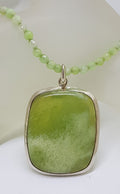 Sterling Silver Large Rectangular Lizardite Pendant on Green Bead Chain / Necklace