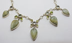 Sterling Silver Green Carved Prehnite Leaves with Ornate Set Peridot and Green Amethyst/ Prasiolite Chain  Necklace