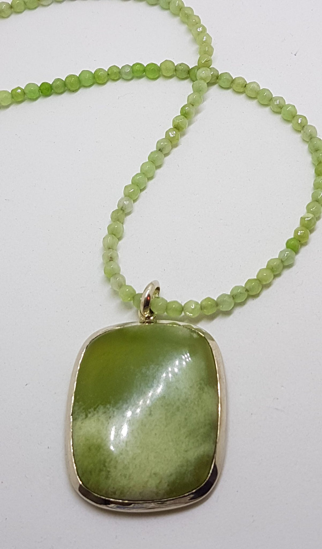 Sterling Silver Large Rectangular Lizardite Pendant on Green Bead Chain / Necklace