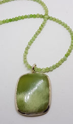 Sterling Silver Large Rectangular Lizardite Pendant on Green Bead Chain / Necklace