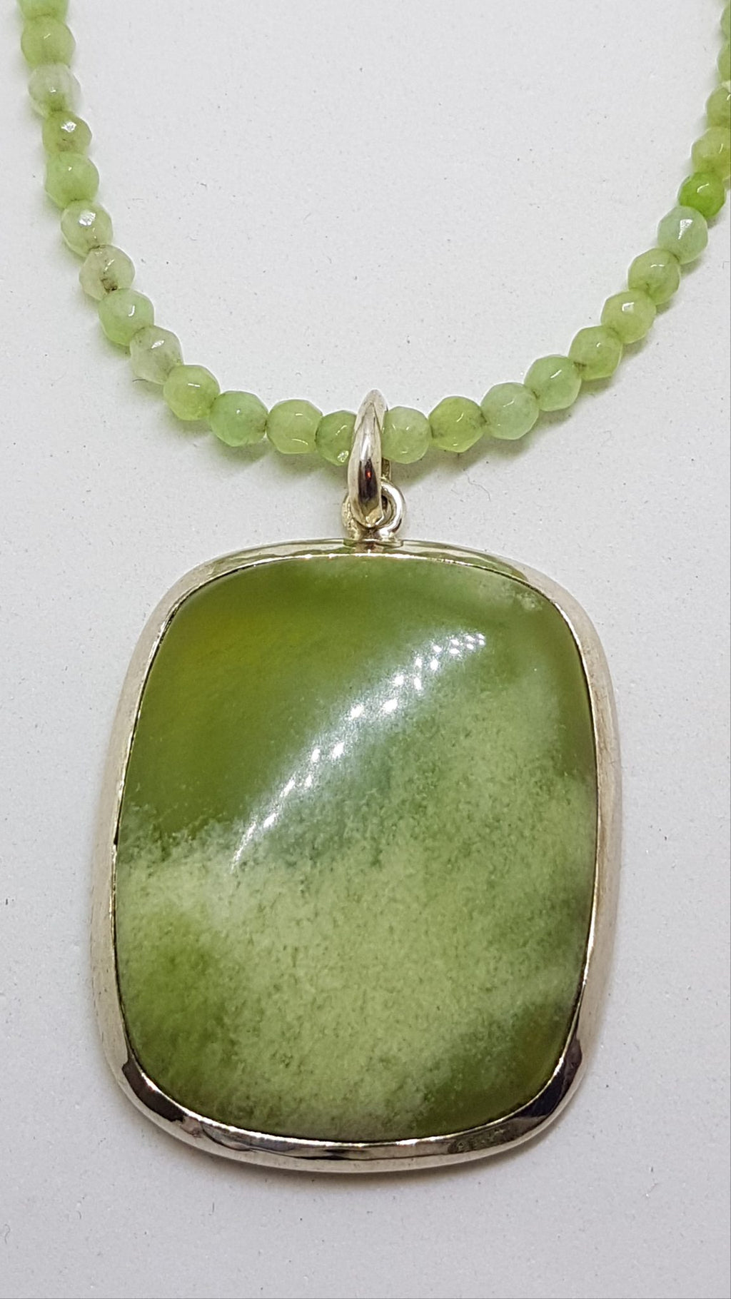Sterling Silver Large Rectangular Lizardite Pendant on Green Bead Chain / Necklace