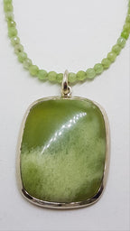 Sterling Silver Large Rectangular Lizardite Pendant on Green Bead Chain / Necklace