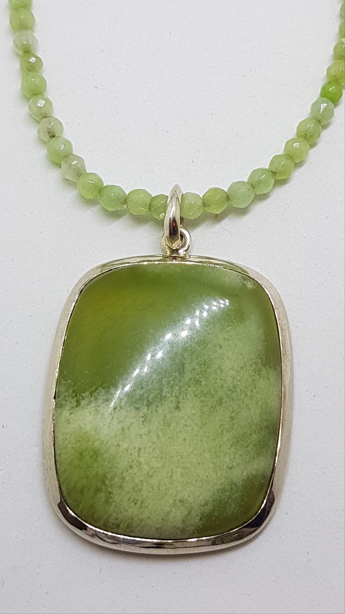 Sterling Silver Large Rectangular Lizardite Pendant on Green Bead Chain / Necklace