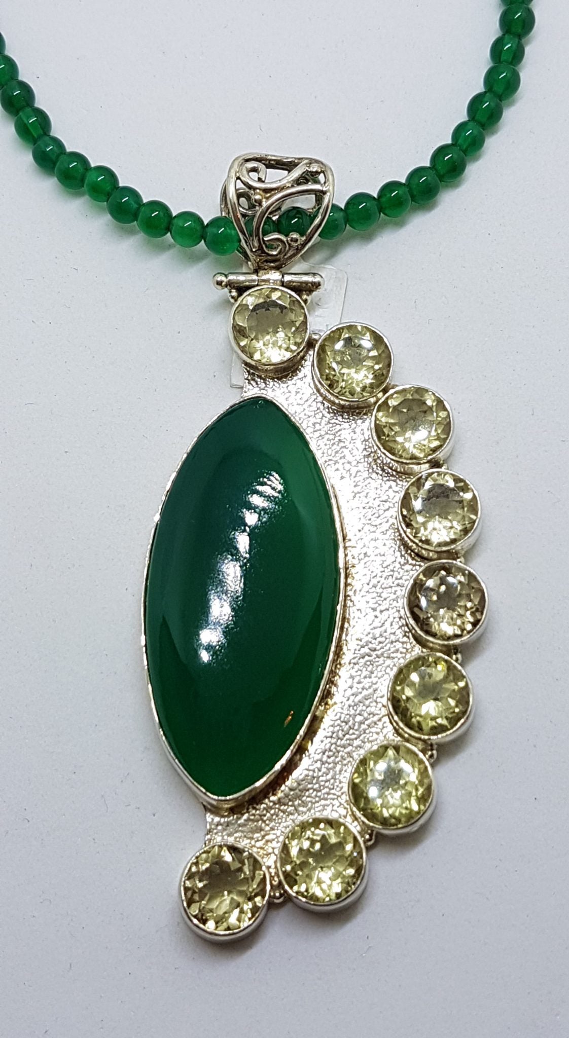 Sterling Silver Very Large and Long Marquis Shape Green Agate with Citrine Pendant on Green Agate Bead Chain / Necklace