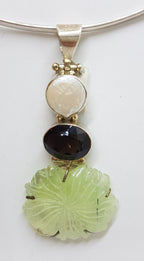 Sterling Silver Large Carved Jade Flower with Smokey Quartz and Pearl Pendant on Silver Choker Chain Necklace