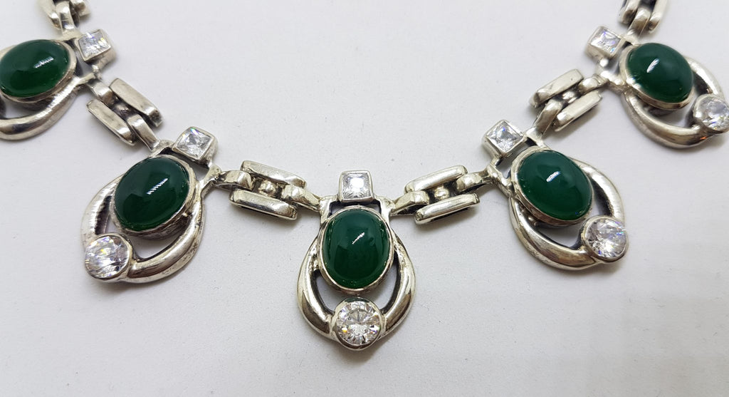 Sterling Silver Green Onyx / Agate with Clear Crystal Quartz Collier Chain Necklace
