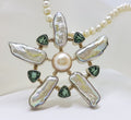 Sterling Silver Large Green Quartz and Blister Pearl Star / Flower Pendant on Pearl Chain Necklace