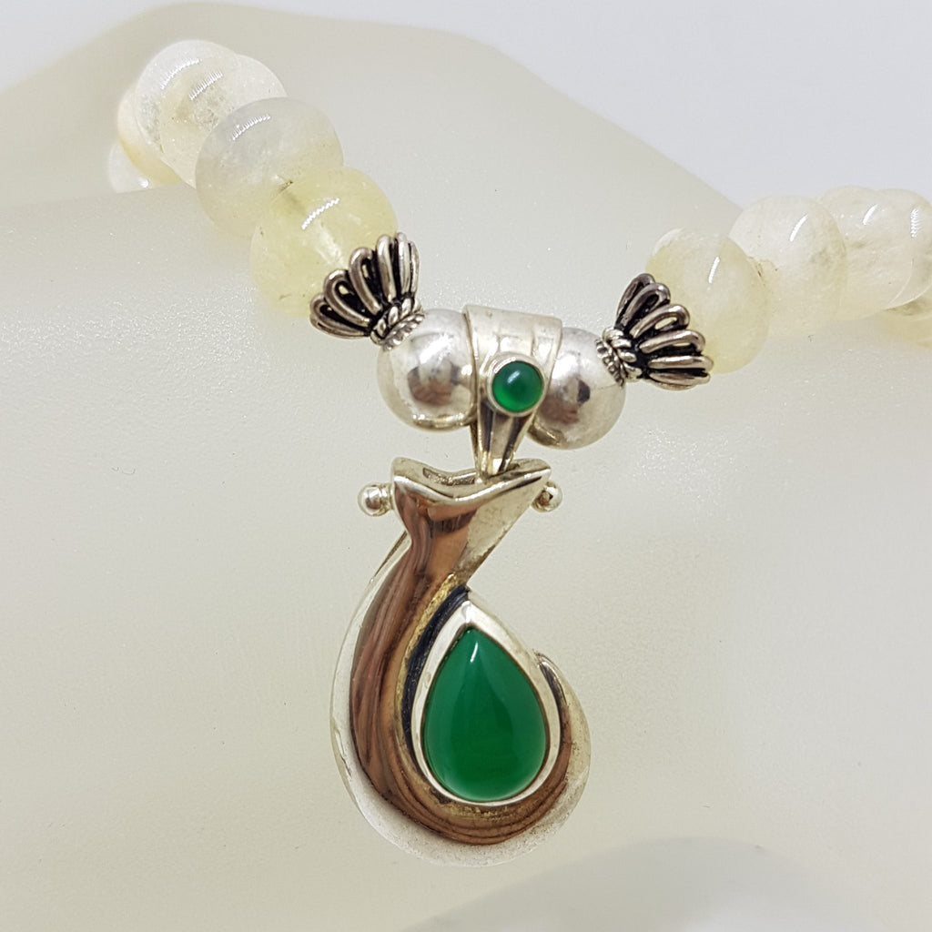 Sterling Silver Green Onyx / Agate on Green Bead Chain Necklace