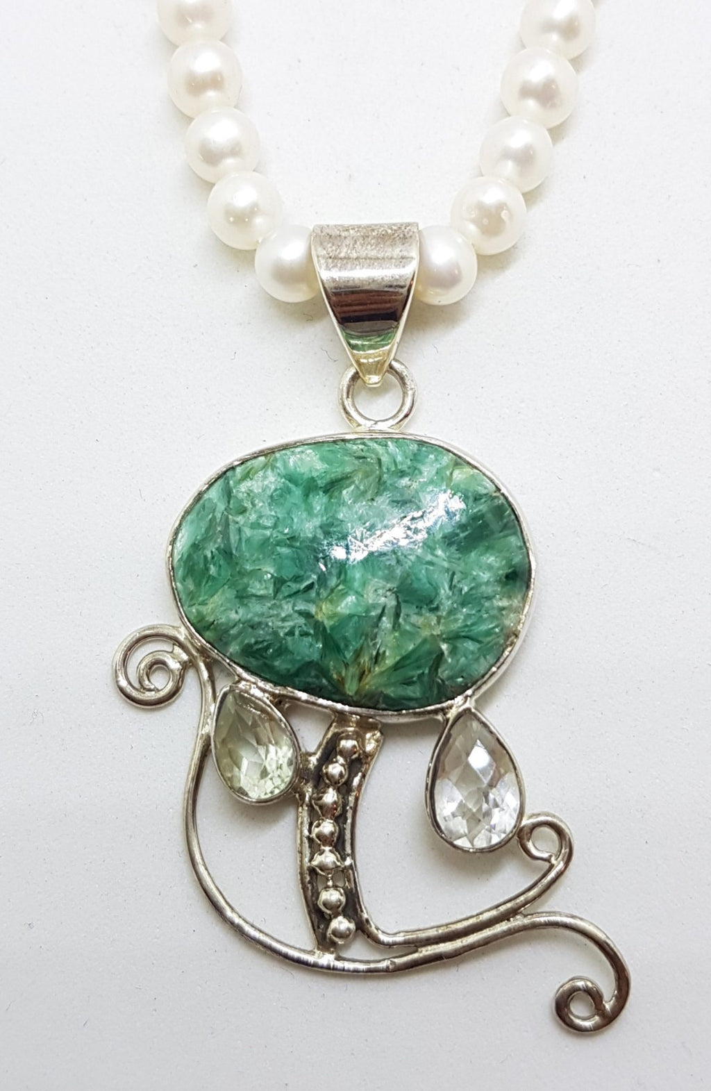 Sterling Silver Large Ornate Green with Clear Crystal Quartz Swirl on Pearl Chain Necklace