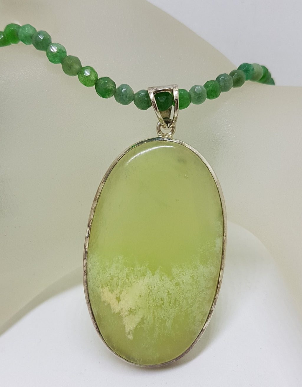 Sterling Silver Large Oval Lizardite Pendant on Green Bead Chain / Necklace