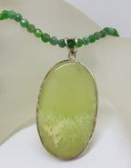 Sterling Silver Large Oval Lizardite Pendant on Green Bead Chain / Necklace