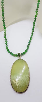 Sterling Silver Large Oval Lizardite Pendant on Green Bead Chain / Necklace