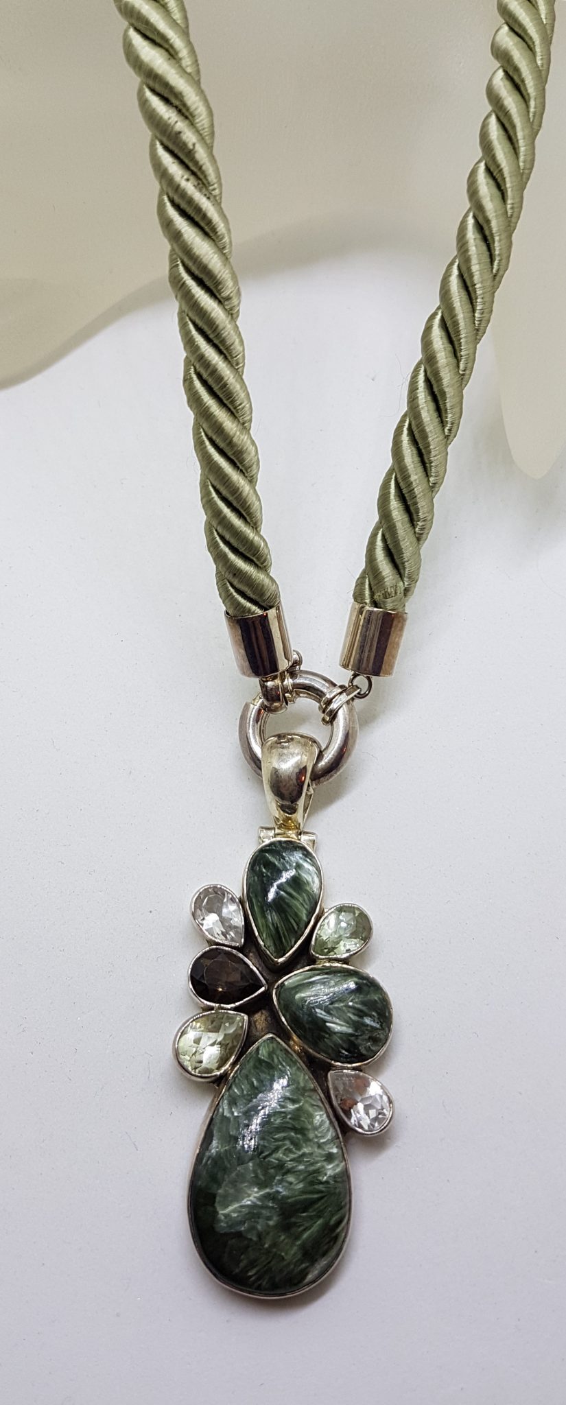 Sterling Silver Large Seraphinite, Green Amethyst / Prasiolite , Smokey Quartz, Clear Quartz and Lemon Citrine Pendant on Thick Long Green Cord Necklace
