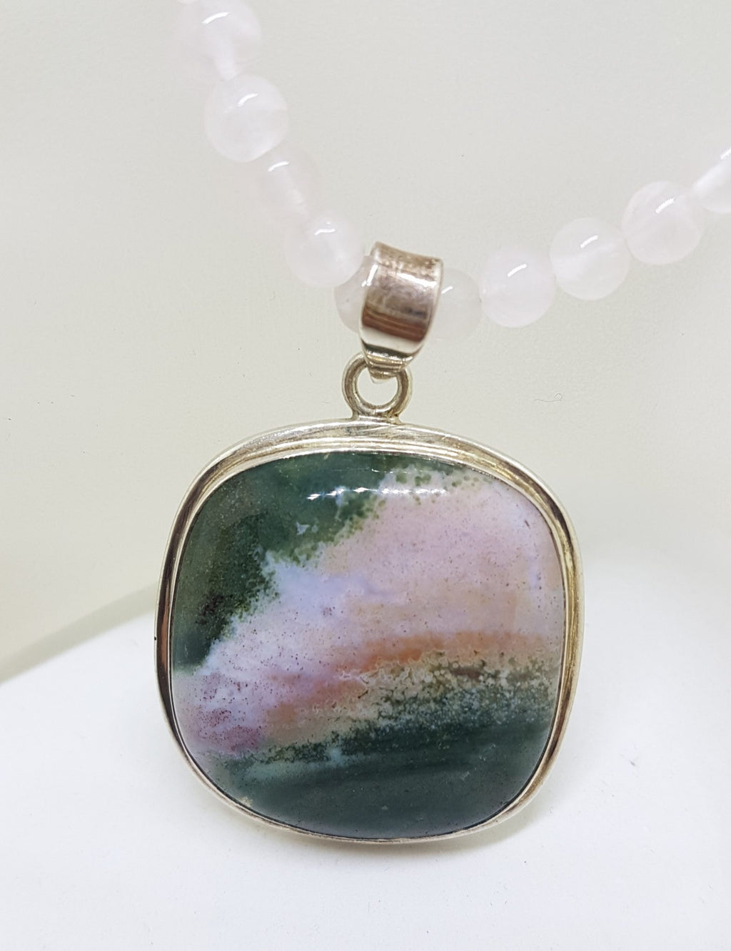 Sterling Silver Large Square Green Ocean Agate Pendant on Rose Quartz Bead Necklace
