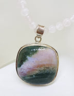 Sterling Silver Large Square Green Ocean Agate Pendant on Rose Quartz Bead Necklace