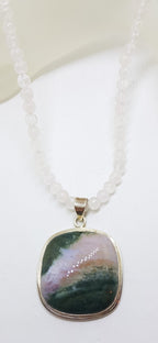 Sterling Silver Large Square Green Ocean Agate Pendant on Rose Quartz Bead Necklace