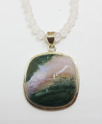 Sterling Silver Large Square Green Ocean Agate Pendant on Rose Quartz Bead Necklace