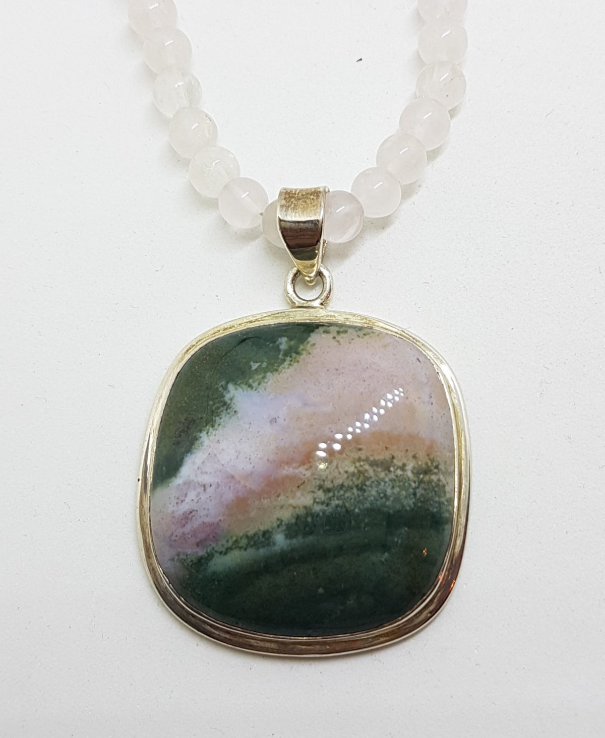 Sterling Silver Large Square Green Ocean Agate Pendant on Rose Quartz Bead Necklace