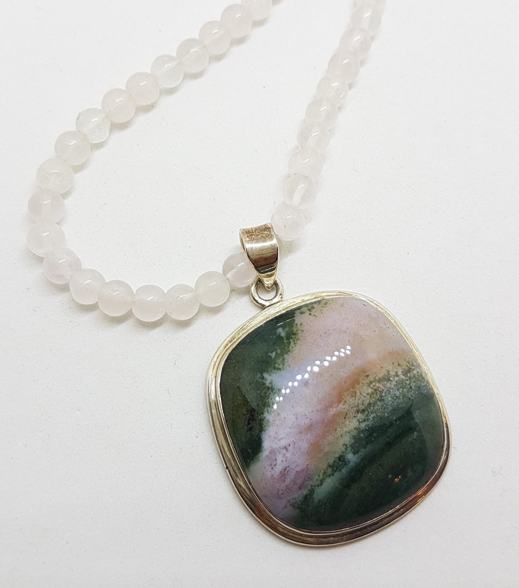 Sterling Silver Large Square Green Ocean Agate Pendant on Rose Quartz Bead Necklace