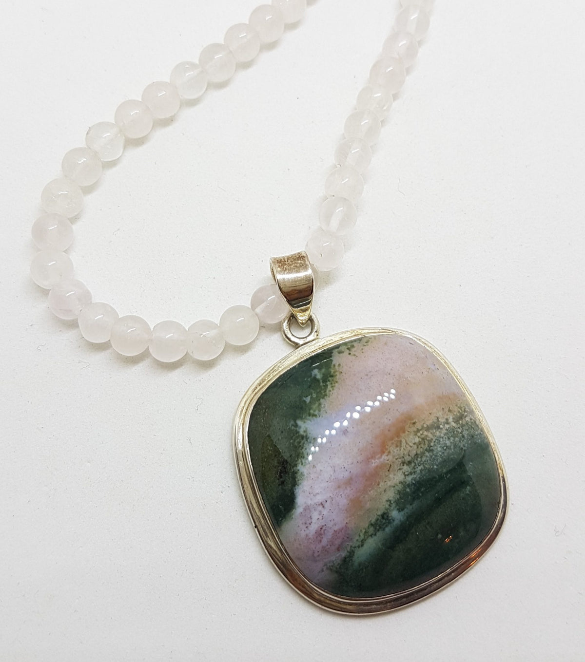 Sterling Silver Large Square Green Ocean Agate Pendant on Rose Quartz Bead Necklace